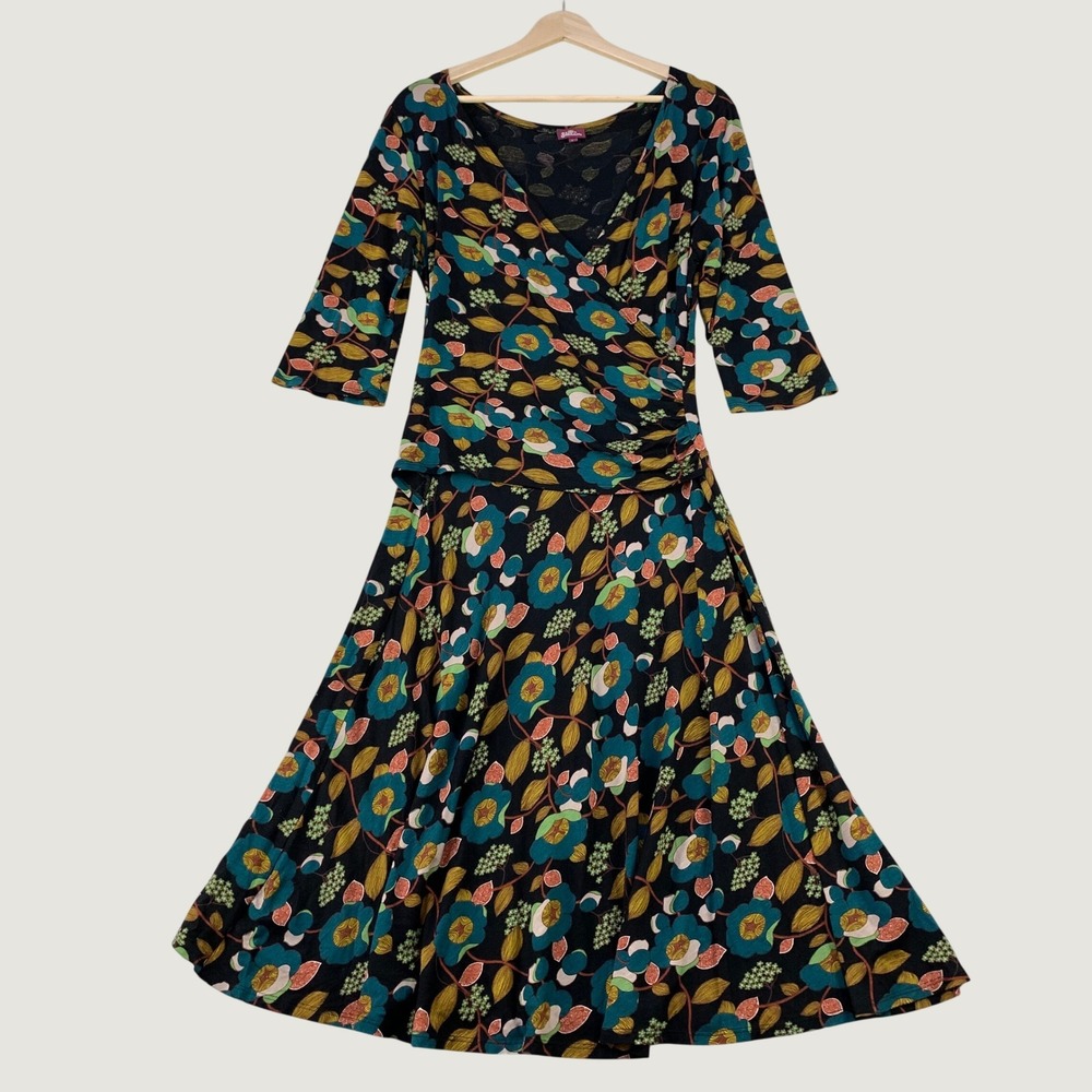 Salaam Floral Faux Wrap Dress Womens Large Black Blue 3/4 Sleeve Fit & Flare